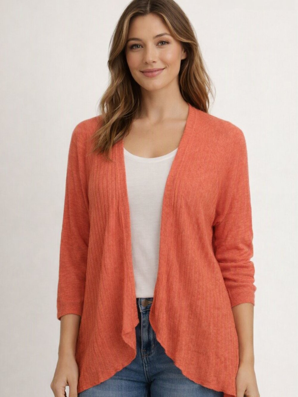 J.Jill boho coral orange boho linen blend flowy open cardigan (m, fits to xl)